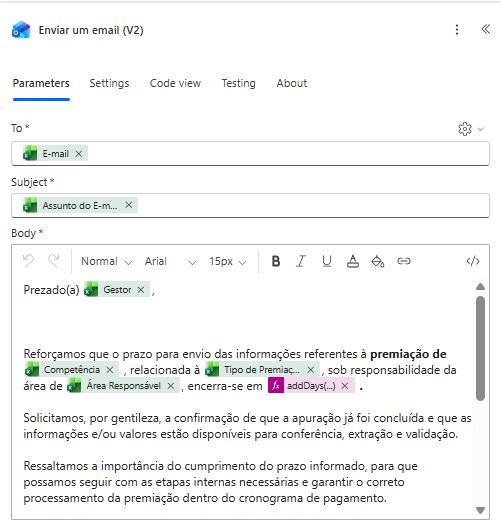 Configuração do e-mail dinâmico no Power Automate