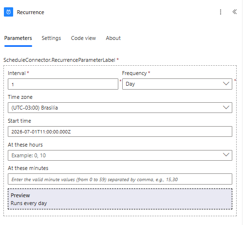 Configuração da recorrência diária no Power Automate
