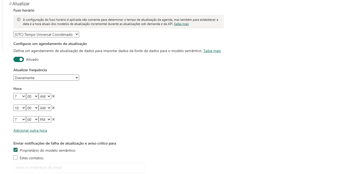 Configuração de atualização programada no Power BI Service