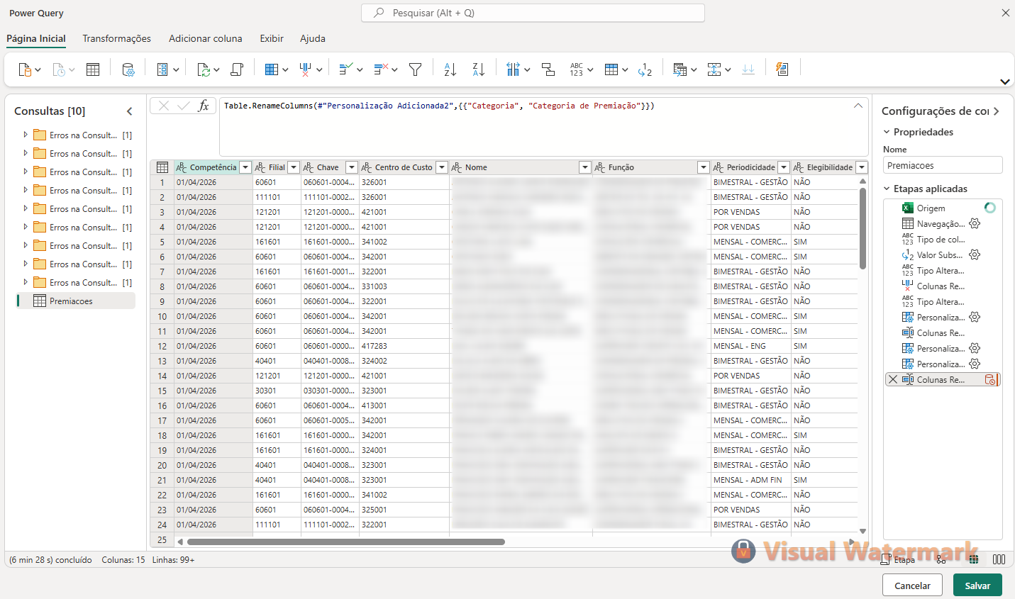 Tratamento da base de premiações no Power Query